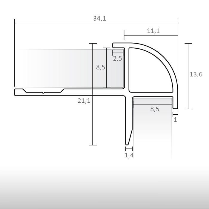 Perfil alumínio Canto Curvo - para painéis decorativos de parede